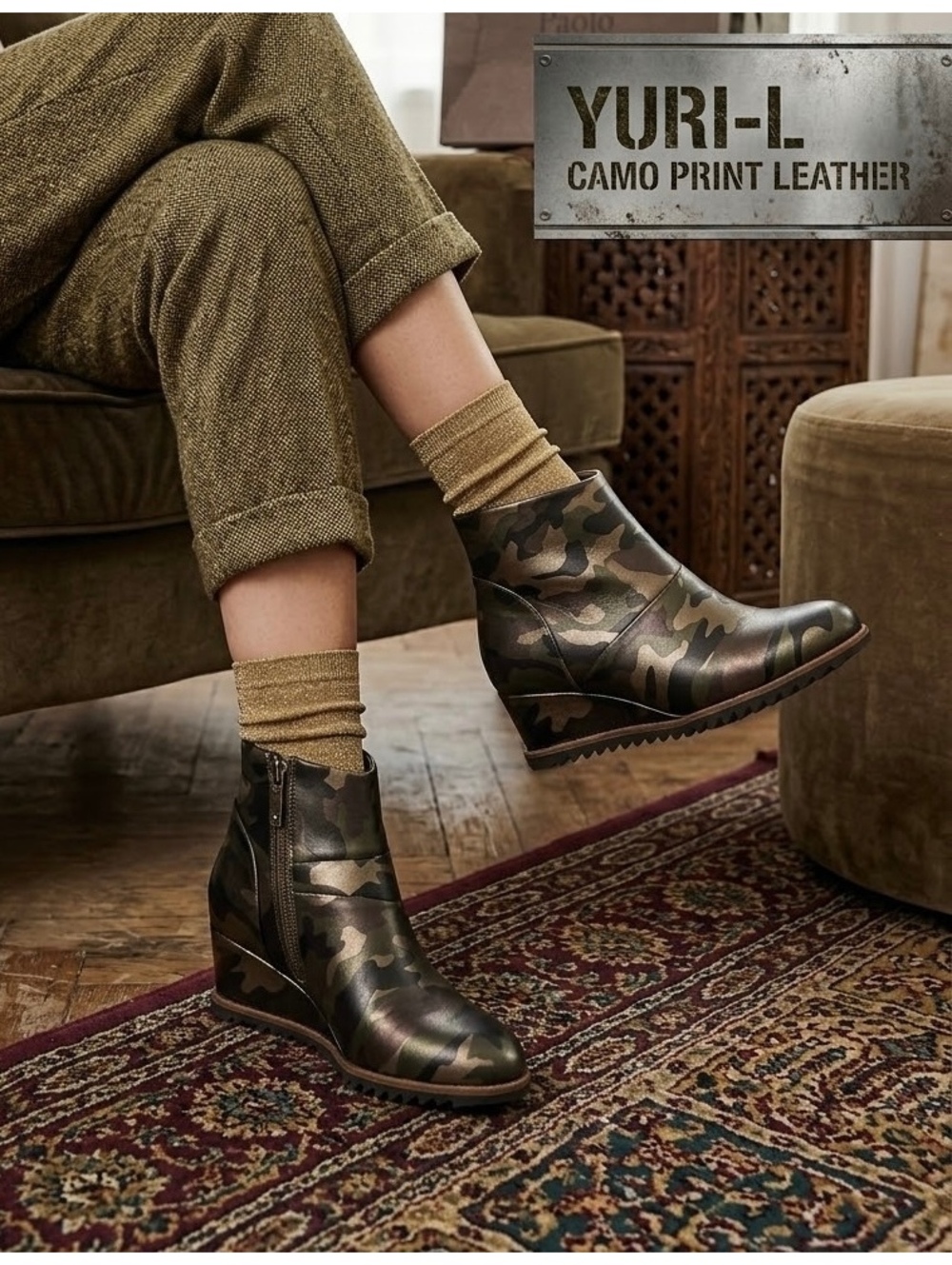 Paolo Yuri-L Camo Print Leather Ankle Boots Size 7.5